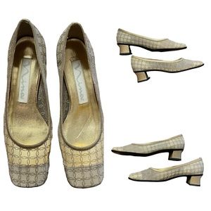 VINTAGE NINA Mod Square Toe Metallic Gold Glitter Heeled Shoes